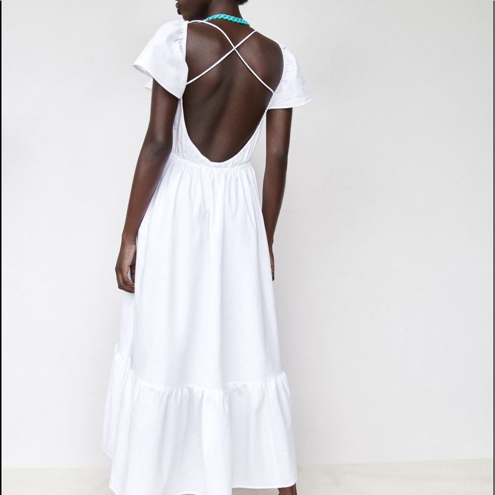 ZARA NEW WOMAN LONG CROCHET LINEN BLEND DRESS RUFFLED HEM WHITE SZ MED 7200/115 - Picture 3 of 7